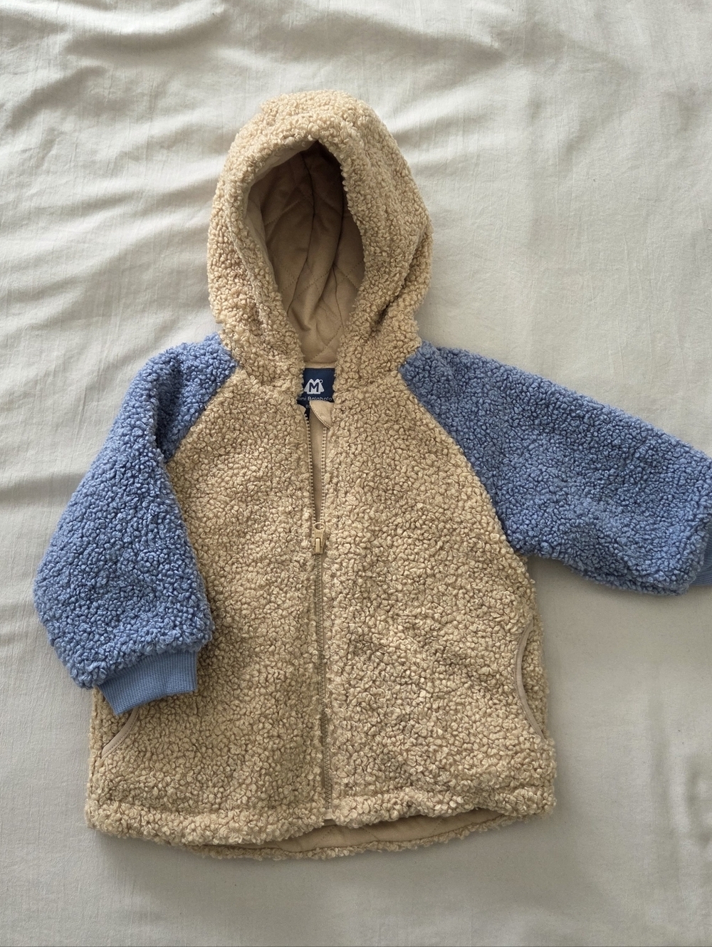 Children's Sherpa Hooded Jacket in Beige and Light Blue Size 12-18 Months